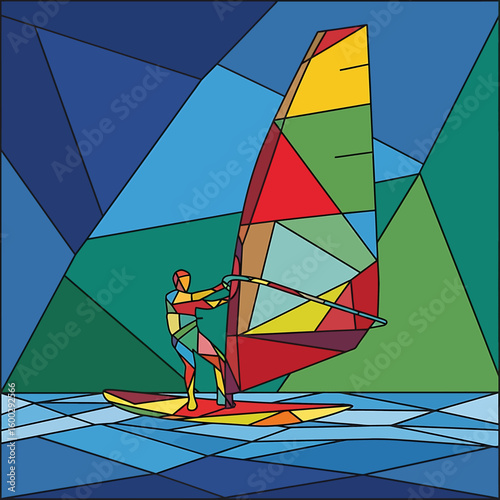Geometric illustration of a windsurfer on the water, with a colorful sail and abstract background of mountains and sky.
