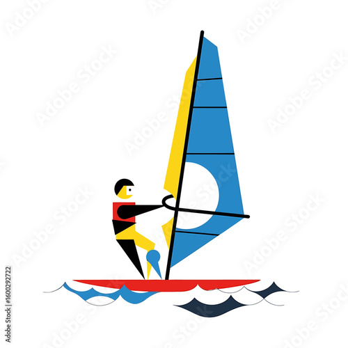 Stylized illustration of a windsurfer on a red board with a blue and yellow sail, riding on blue and white waves.