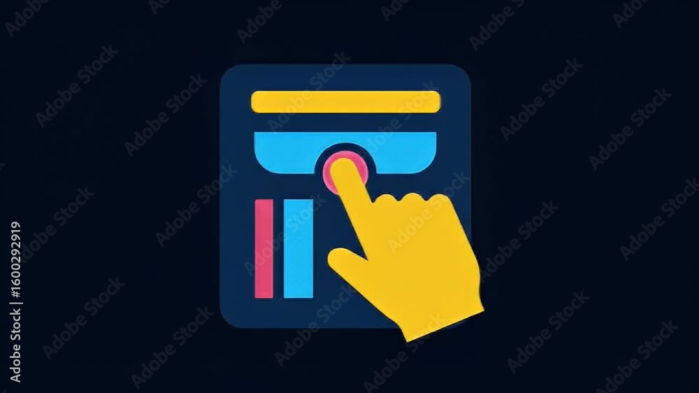 Abstract geometric interface with a hand pushing a round button on dark blue