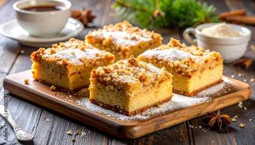 Four crumbly, sugared squares of cheesecake on a wooden board, alongside coffee and spices