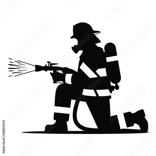 Silhouette of a firefighter spraying water from a hose while kneeling