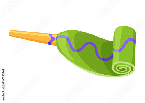 Party blower or noise maker icon. Rolled sound, celebration concept. Flat design of party horn sticker. Vector cartoon illustration