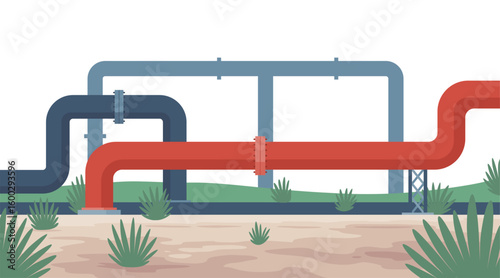 Oil gas. Oil industry, gas production. Petroleum pipelines. Oil industry extraction and refinery production. Petroleum industry design vector cartoon illustration
