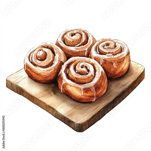 Watercolor Illustration of Four Delicious Cinnamon Rolls on Wooden Platter