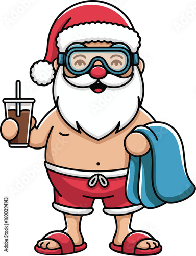 Santa Clause ready for summer vacation, holding a drink and towel.