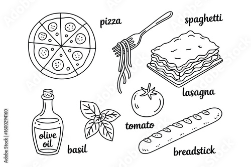 Delicious Italian Food Doodle Collection Featuring Pizza Spaghetti Lasagna and Fresh Ingredients Olive Oil Basil Tomato and Breadstick Hand Drawn Illustration