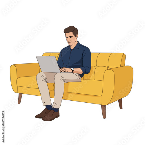 Man Sitting on Yellow Couch Using Laptop in Modern Casual Setting