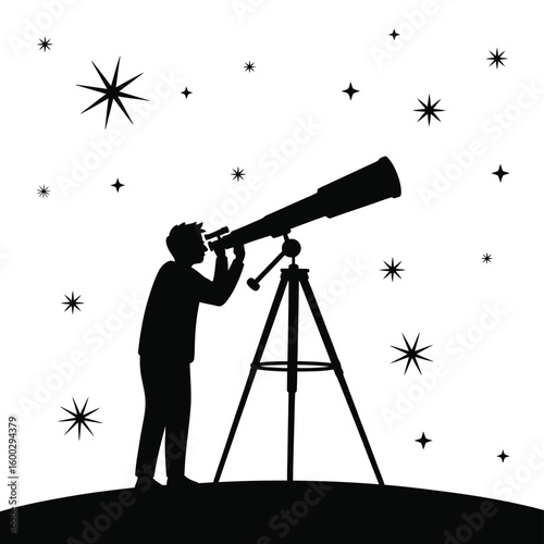 Silhouette of a person observing the night sky with a telescope