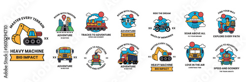 collection of badges with various vehicles on them