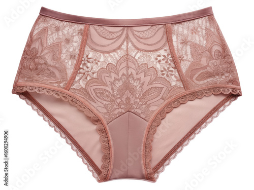 Elegant high waisted panties in dusty rose with intricate floral lace design for women underwear fashion and comfort on background