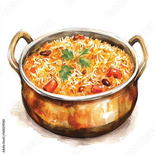Watercolor Illustration of Golden Biryani in a Copper Pot with Handles