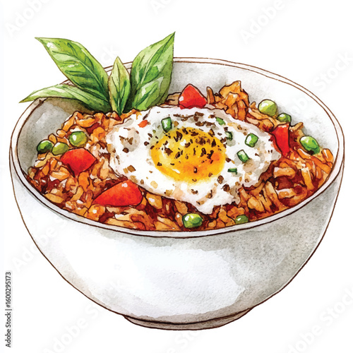 Watercolor Illustration of Fried Rice with SunnySideUp Egg and Basil