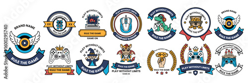 collection of badges with various themes including video games music