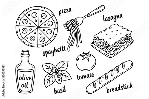Italian Cuisine Doodles Pizza Spaghetti Lasagna and Olive Oil Hand Drawn Vector Illustration