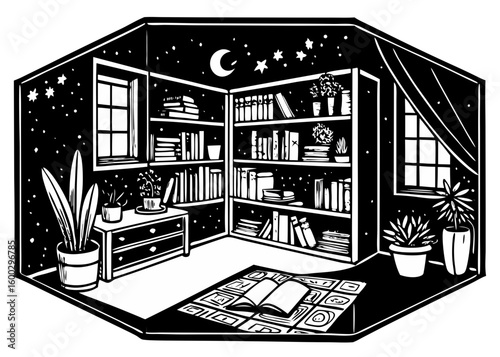 Cozy Corner Book Nook Illustration - Reading Space with Bookshelves