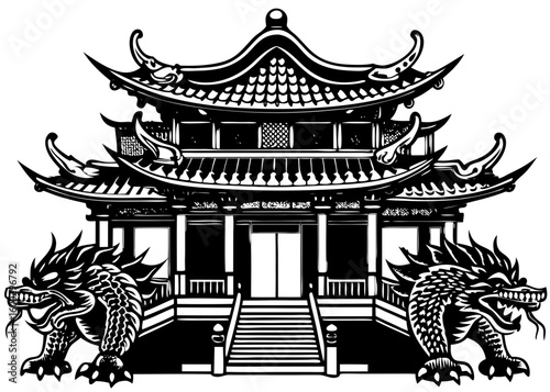Traditional Chinese Temple Gate with Dragons - Asian Architectural Icon