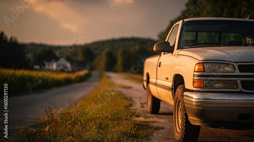 White pickup truck on a quiet rural road at dusk, bathed in golden light, evoking a serene countryside moment.
