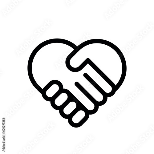 handshake line icon, heart shape logo, white vector design element with black outline
