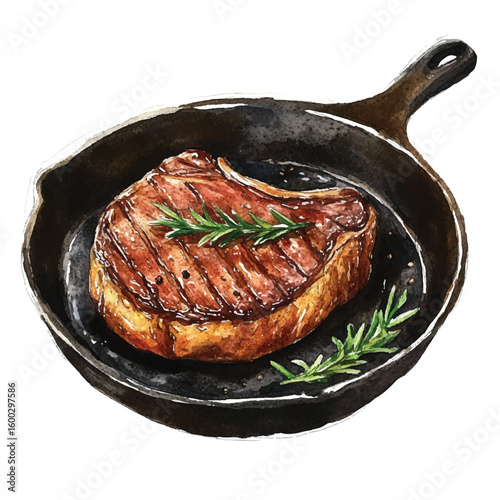 Watercolor Illustration of Grilled Steak with Rosemary in Cast Iron Skillet