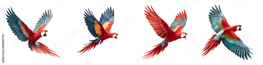 Fototapeta premium Scarlet Macaw Parrots in Flight on White Background
