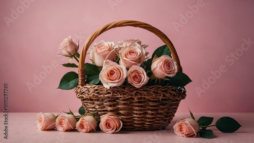bouquet of pink flowers in a basket