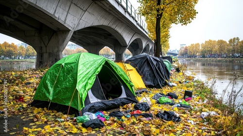 Several tents are pitched under a city overpass near a riverbank du autumn; the scene depicts homelessness and urban poverty with discarded belongings strewn amongst fallen