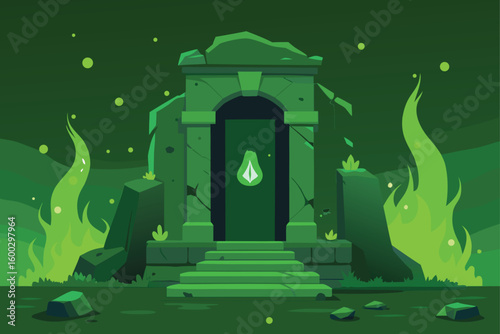 ancient elven ruins overtaken by green moss and f