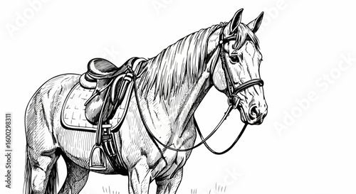 Horse illustration in monochrome style featuring intricate line work, horse illustration showcases equestrian themes and vintage charm.