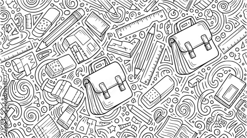 Whimsical doodle art of scattered school bags and supplies