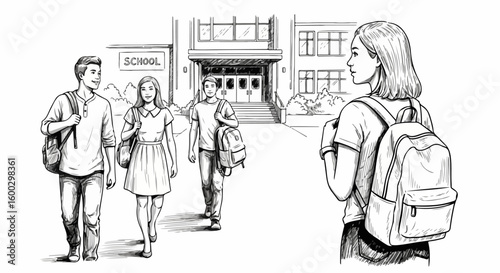 School students entering school building in black and white line drawing. School concept includes students walking with backpacks towards entrance.