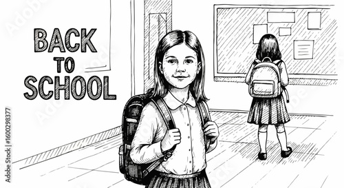 Back to school themed illustration shows girl in school uniform with backpack, another girl standing in classroom near message board. Back to school means new knowledge and friends,