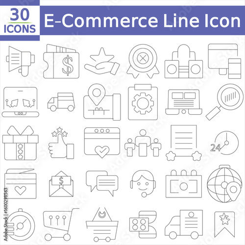   E-Commerce Line Icon Set. Contains such icons as Shopping, Retail Store, Delivery, Payment. Vector illustration