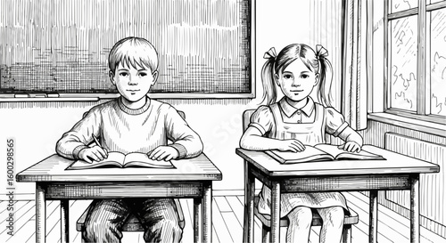 School children at their desks in classroom, boy and girl sitting with open books. School students prepare for academic tasks in monochrome classroom settings.