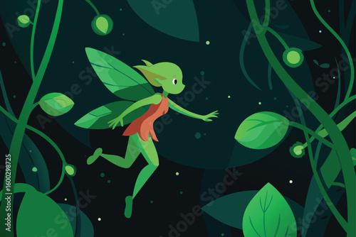 an animated fairy gliding through a dense jungle