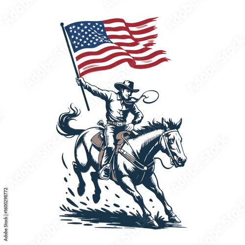 Vector Illustration of Cowboy Riding a Bucking Horse holding American Flag