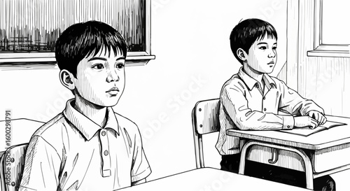 Thoughtful children in school classroom in black and white illustration. School setting portrays focus as students sit attentive during lessons. This school scene evokes learning, innocence,