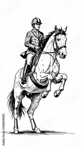 Horse riding show with elegant equestrian on white backdrop. This horse riding scene features powerful horse jumping and refined dressage posture for sophisticated riding.