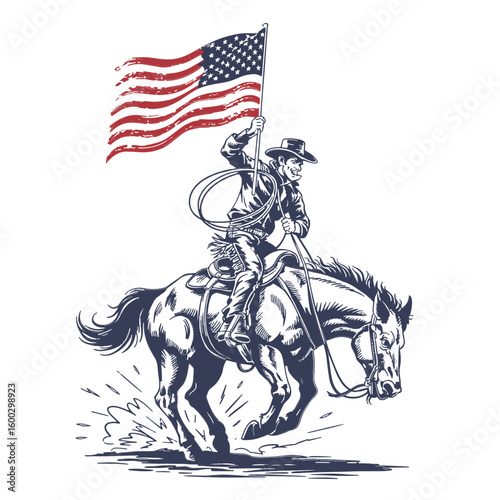 Vector Illustration of Cowboy Riding a Bucking Horse holding American Flag