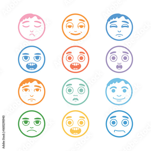 Twelve colorful cartoon faces showing various emotions