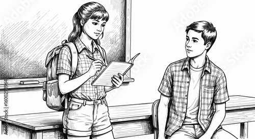 Illustration of students in class during university studies, with girl holding notebook and boy sitting on desk. University atmosphere is visible with pupils taking notes in sketch style.