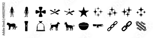 Primitive & Decorative Silhouette Icons – Stars, Chains, Dogs, - A creative black silhouette icon set on a white background, featuring a variety of primitive, decorative, and thematic symbols. 