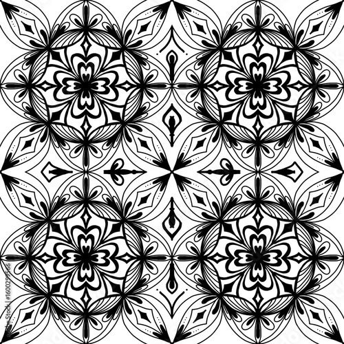 Hand-Drawn Black and White Floral Mandala Pattern with Intricate Symmetry and Decorative Diamond Motifs for Modern and Vintage Design