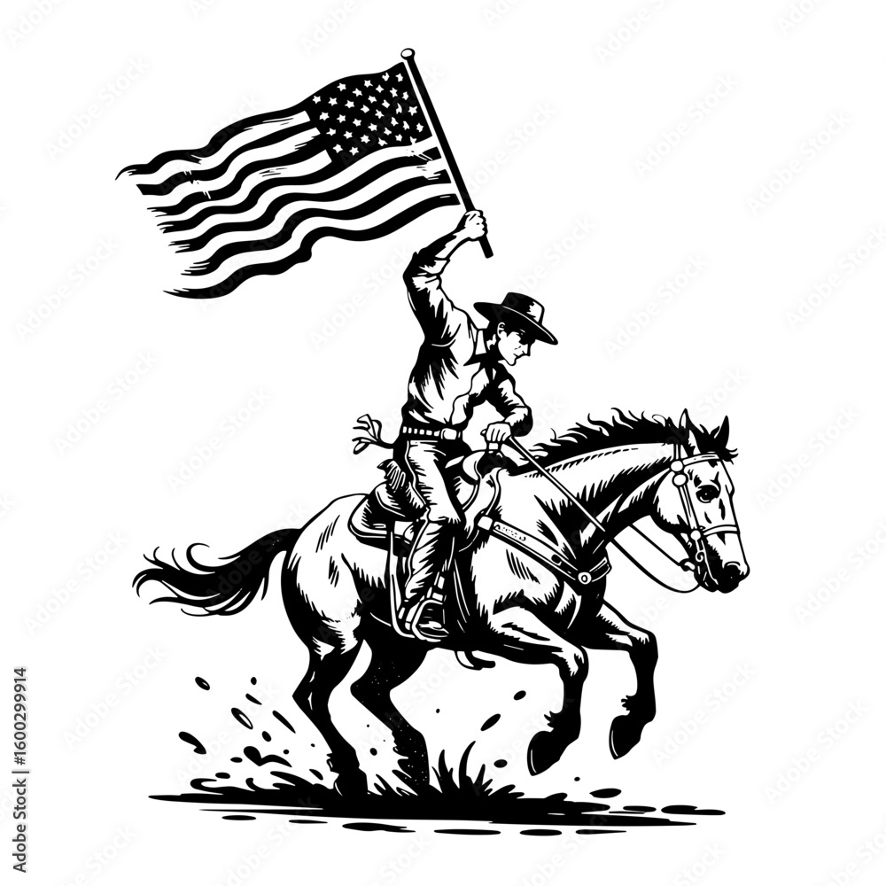 Obraz premium Vector Illustration of Cowboy Riding a Bucking Horse holding American Flag