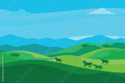 a vast green prairie with gentle hills  wild hors