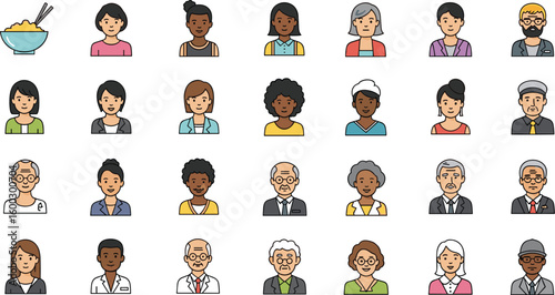 Group of diverse people avatars in rows. Demographic diversity, inclusion, ethnicity, representation, multiculturalism