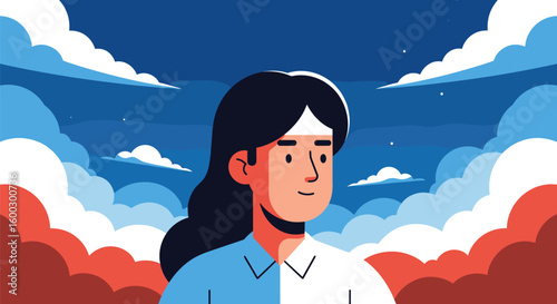 Person stands confidently against a vibrant sky. Optimistic outlook, positive attitude, future vision, hope, dreams