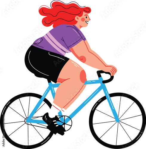 Woman rides bicycle on sunny day for exercise. Cycling fitness, healthy lifestyle, recreational activity, outdoor sport.