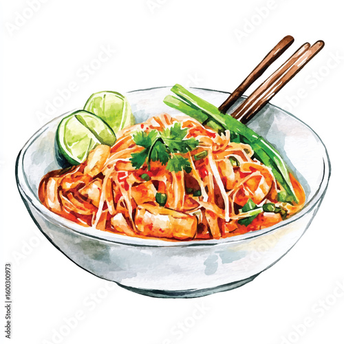 Watercolor Illustration of Pad Thai with Lime Chopsticks and Green Onions
