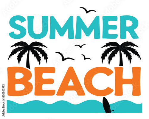 Summer beach text features tropical palms, birds flying above water with a surfboard
