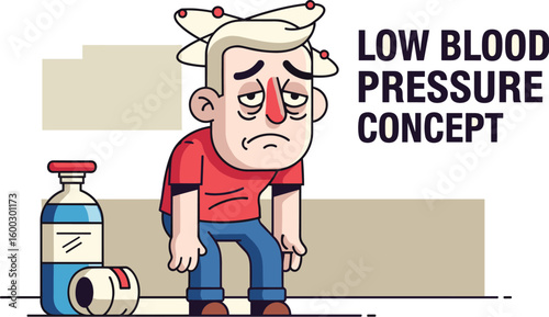 Man suffering from low blood pressure needs fluids. Hypotension, dizziness, medical condition, health issue, sickness, treatment
